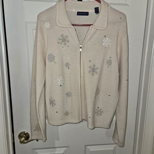 Karen Scott Women's Beige Wool Cardigan with Snowflake Accents Size Medium